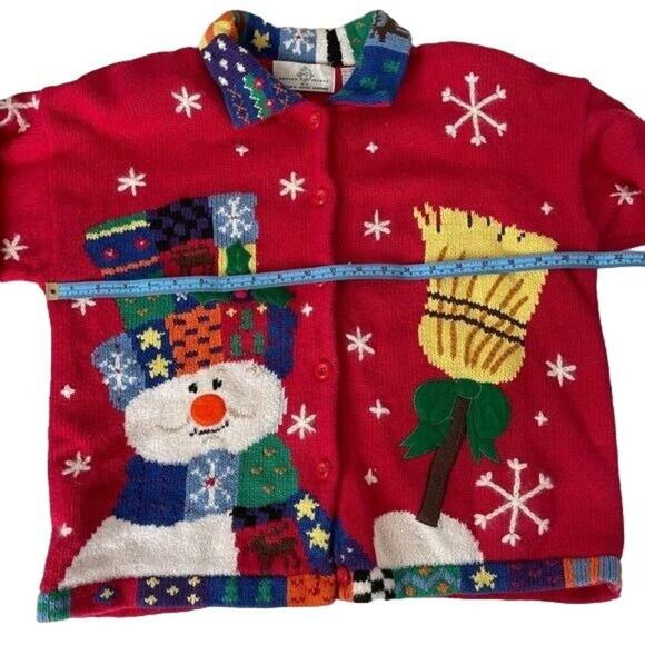 Design Options Phillip Jane Gordon Cardigan Holiday Snowman Patchwork Medium VTG - Picture 12 of 16